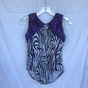 Large Zebra striped and metallic purple gymnastics leotard